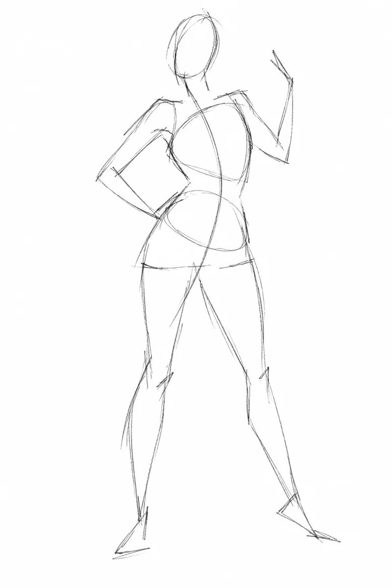 Loose construction sketch of a standing figure with a raised arm.