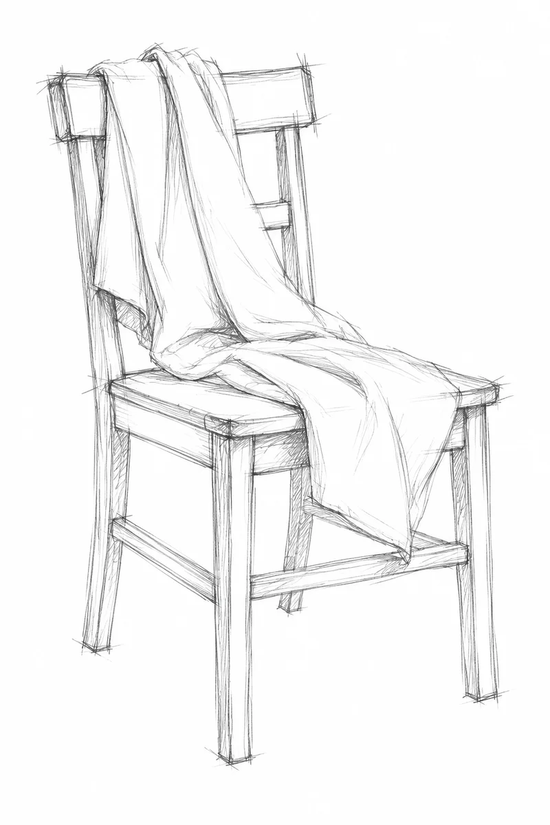 Loose construction sketch of a wooden chair with draped cloth.