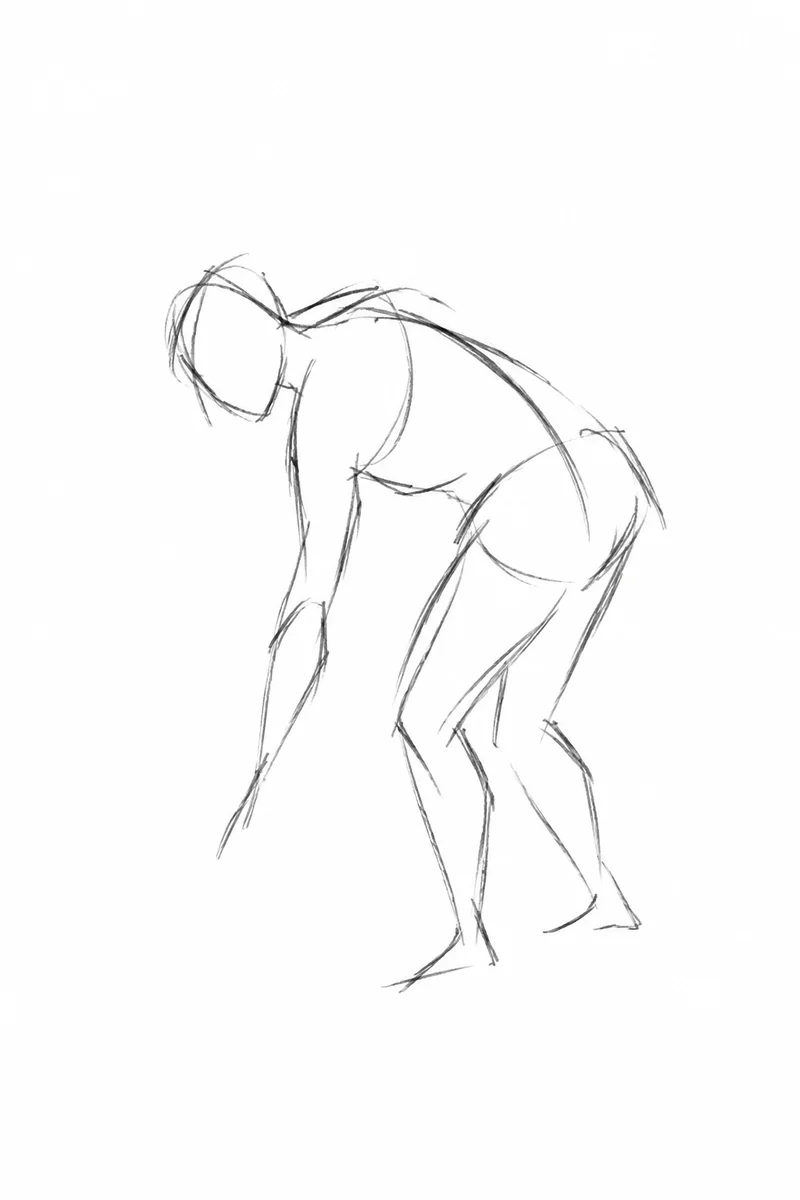 Sparse gesture of a figure bending forward.