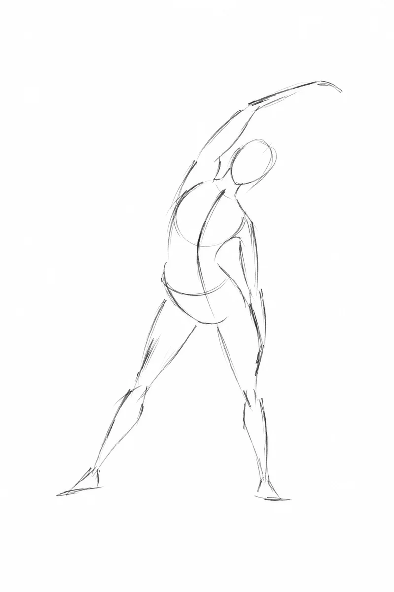 Sparse pencil gesture of a figure stretching sideways.