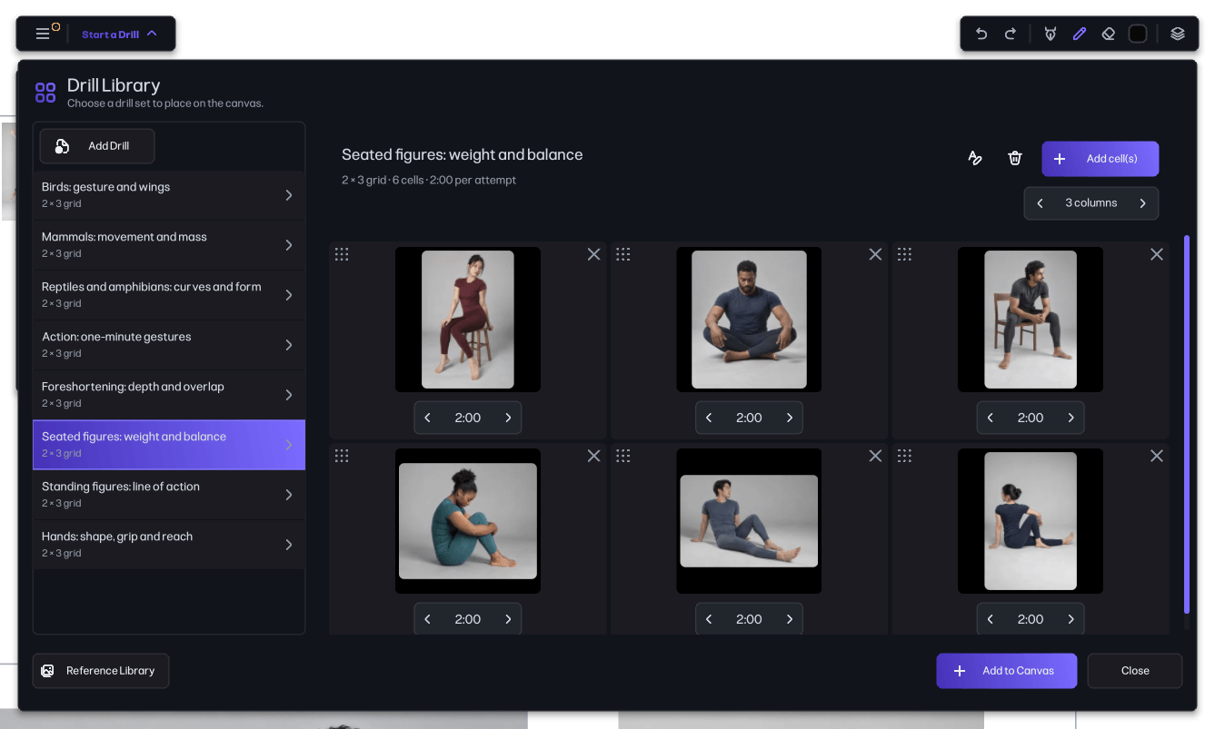 The Linehouse Drill Library with six seated figure references arranged in a timed grid.