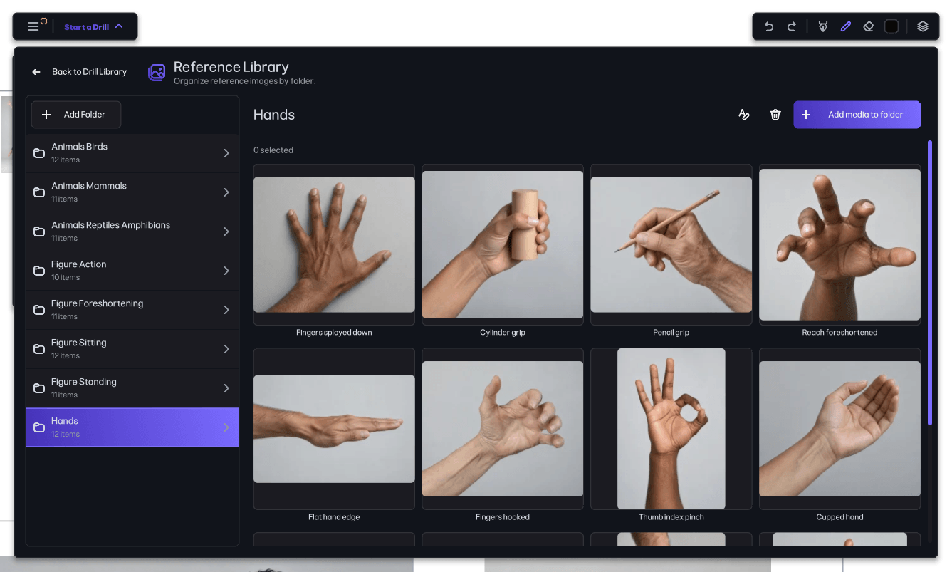 The Linehouse Reference Library with folders and hand reference photographs.